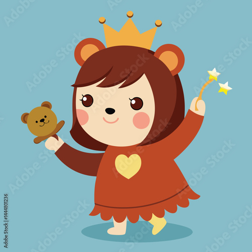 Explore the whimsical design of a cute girl wearing a bear costume playing with a crown. This charming illustration captures the playful imagination and regal fun of the character, perfect for creativ