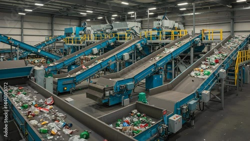 Industrial Recycling Plant Interior with Conveyor Belts Sorting Waste Materials with Blue and Yellow Accents