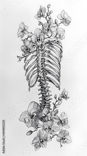 Anatomical Artistry A Floral Embrace around the Human Ribcage and Spine