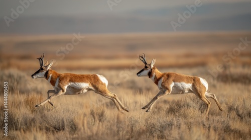 Pronghorn Antelope Pair in Motion on the Prairie