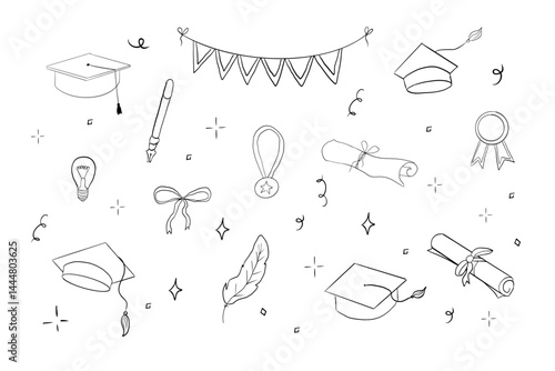 Graduation hat doodle line. University Cap of graduate and certificate degree hand drawn outline. Graduation hats sketch 