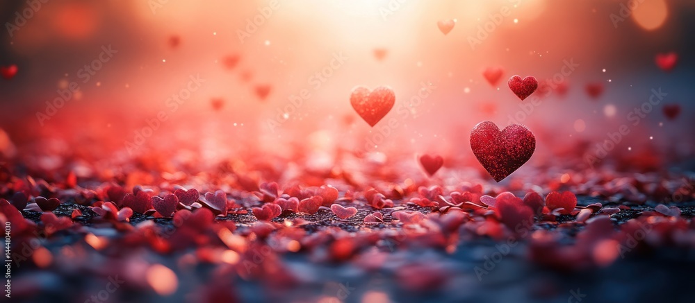 Romantic sunset, hearts falling, ground covered in petals