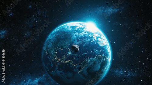 Fototapeta Naklejka Na Ścianę i Meble -  Stunning View of Earth Surrounded by Stars with a Close-Up of an Asteroid Approaching from Outer Space in a Beautiful Cosmic Scene