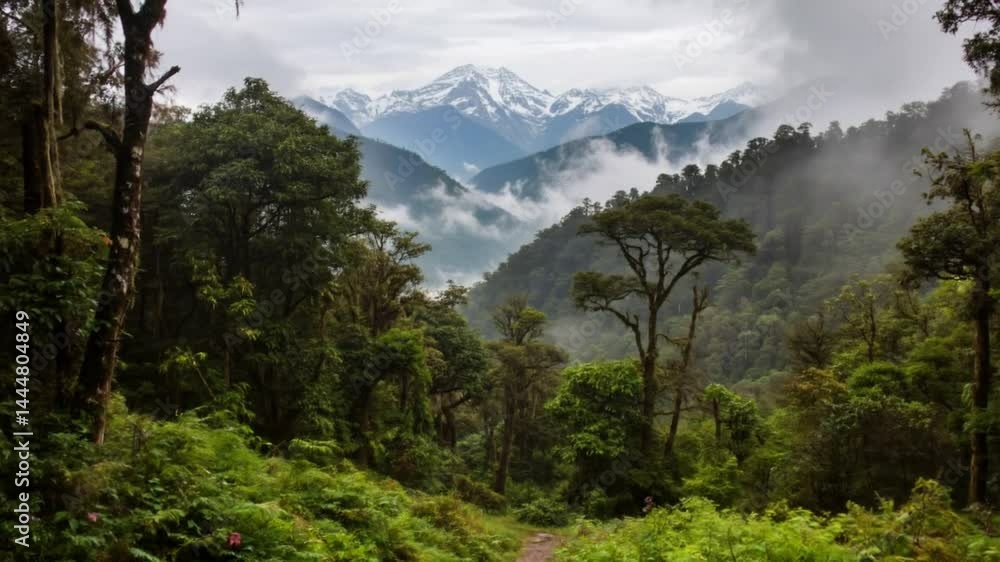 Lush Cloud Forest Valley in the Andes Mountains with Mist and Snowy Peaks Lush Cloud Forest Valley in the Andes Mountains with Mist and Snowy Peaks