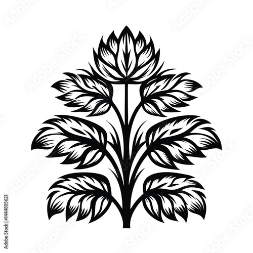 Ornamental Floral Silhouette Stylized Black Flower, Botanical Foliage, Simple Motif
