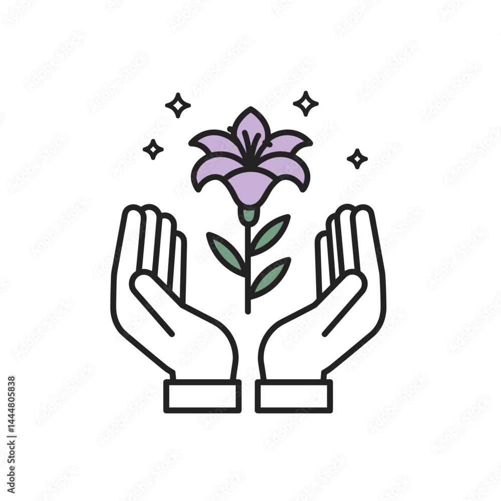 Obraz premium Hands holding a flower icon in a minimalist style 