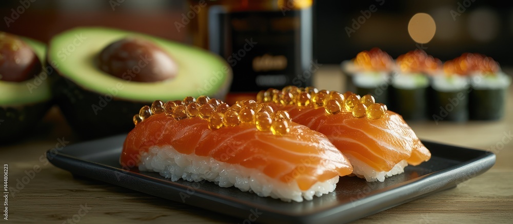 Salmon nigiri with avocado and caviar