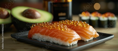 Obraz na płótnie Salmon nigiri with avocado and caviar w salonie