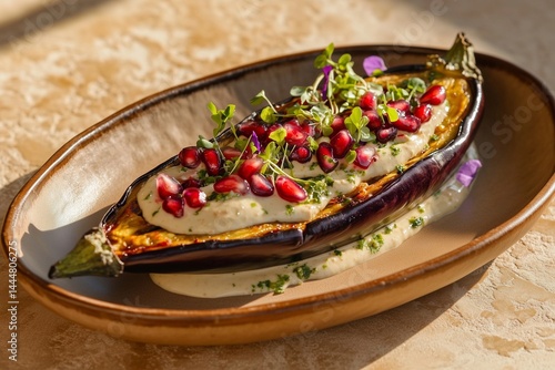 Delicious roasted eggplant served with creamy sauce and garnished with pomegranate seeds and fresh herbs Generative AI