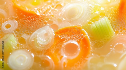 Vibrant broth simmering with fresh vegetables in a warm kitchen setting during the evening hours Generative AI