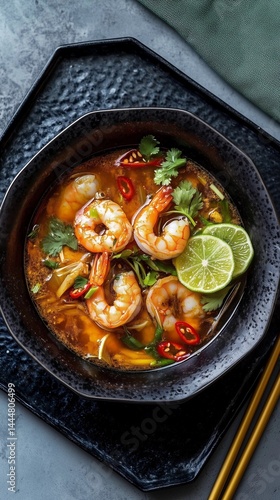 Shrimp soup with lime and herbs served in a black bowl on a dark textured surface Generative AI