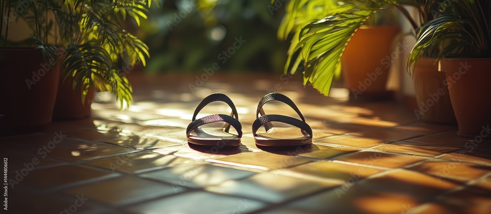Sandals on sunlit patio, potted plants, summer
