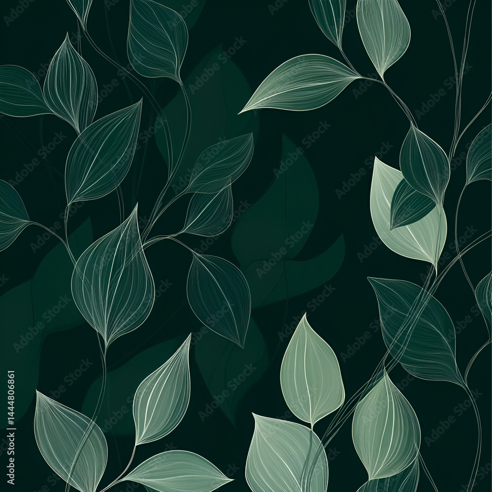 Obraz premium Drawing leaves nature illustration dark green background artistic viewpoint subtle and refined concept