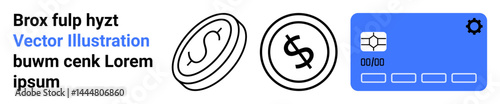 Two outlined dollar coins and a blue credit card with chip and gears present concepts of digital payments. Ideal for fintech innovation, finance tools, online payment, e-commerce, banking, savings