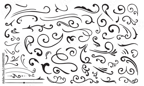 Elegant Hand Drawn Swirl and Flourish line. A bundle of 61 hand drawn swirl and flourish ornaments featuring elegant calligraphy and decorative lines. Ideal for wedding design and classic typography