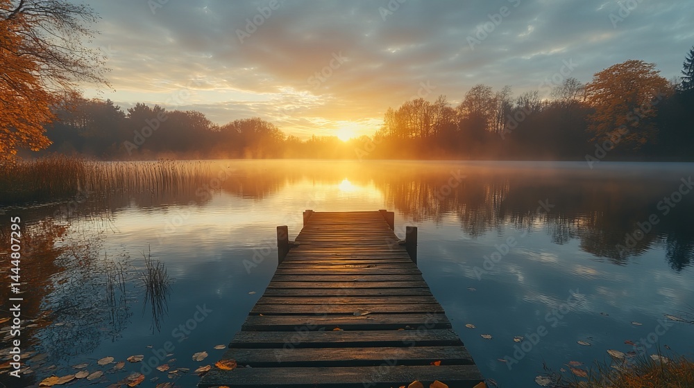 Obraz premium Tranquil Dock on a Serene Lake Surrounded by Lush Greenery and Gentle Ripples Reflecting Blue Sky