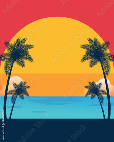 Sunset on the beach with a beautiful landscape of palm trees Background Illustration