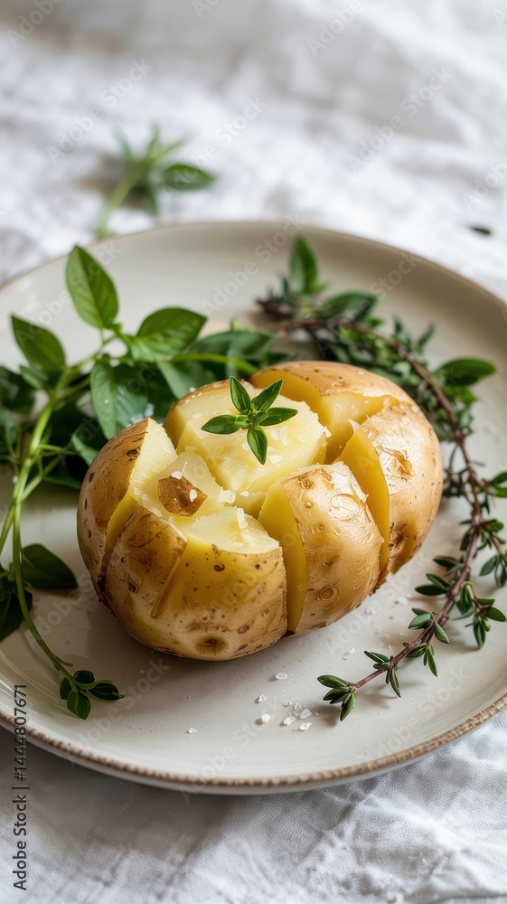 Partially peeled Yukon Gold potato with thyme on ceramic plate and linen cloth Partially peeled Yukon Gold potato with thyme on ceramic plate and linen cloth