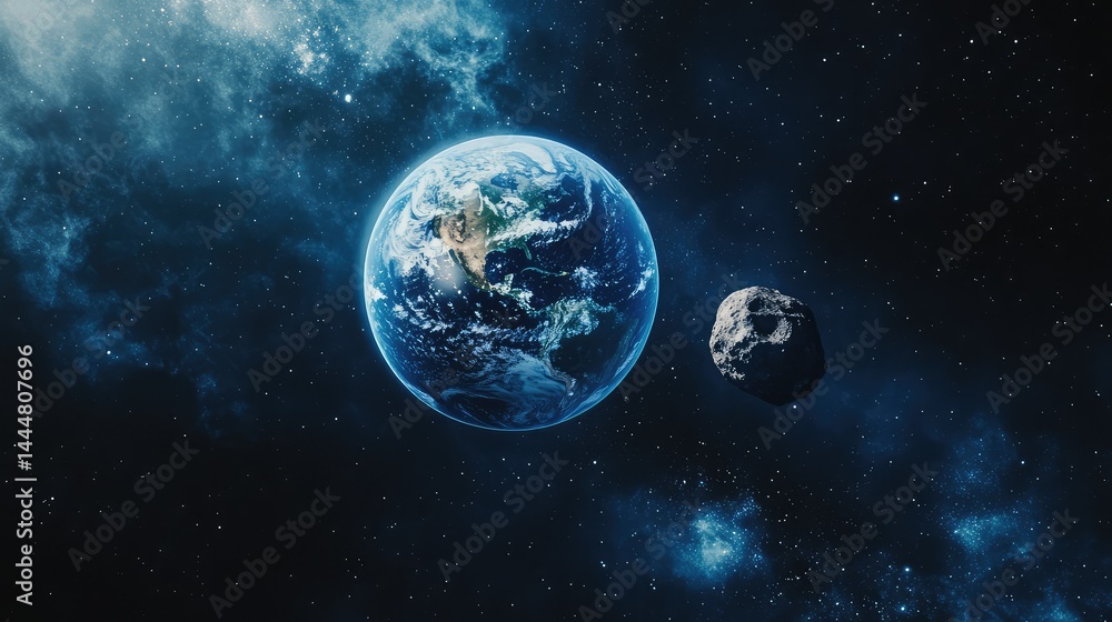 Obraz premium Stunning View of Earth Surrounded by Space and an Asteroid, Showcasing the Beauty of Our Planet in the Vastness of the Cosmos and Stellar Background