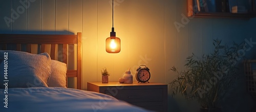 Serene bedroom, night lamp glow, bedside clock, plant. Relaxing bedtime scene