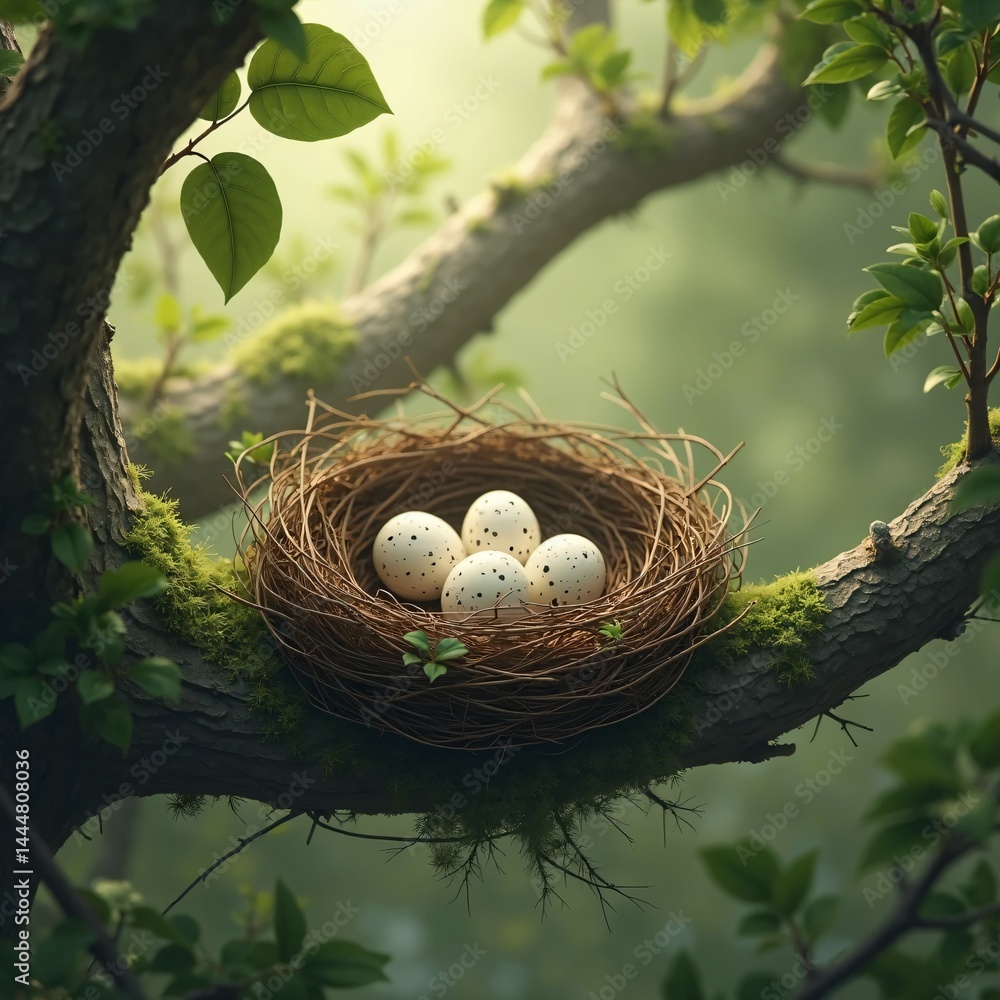 Bird Nest with Eggs Resting on a Tree Branch – Springtime Nature Scene Bird Nest with Eggs Resting on a Tree Branch – Springtime Nature Scene