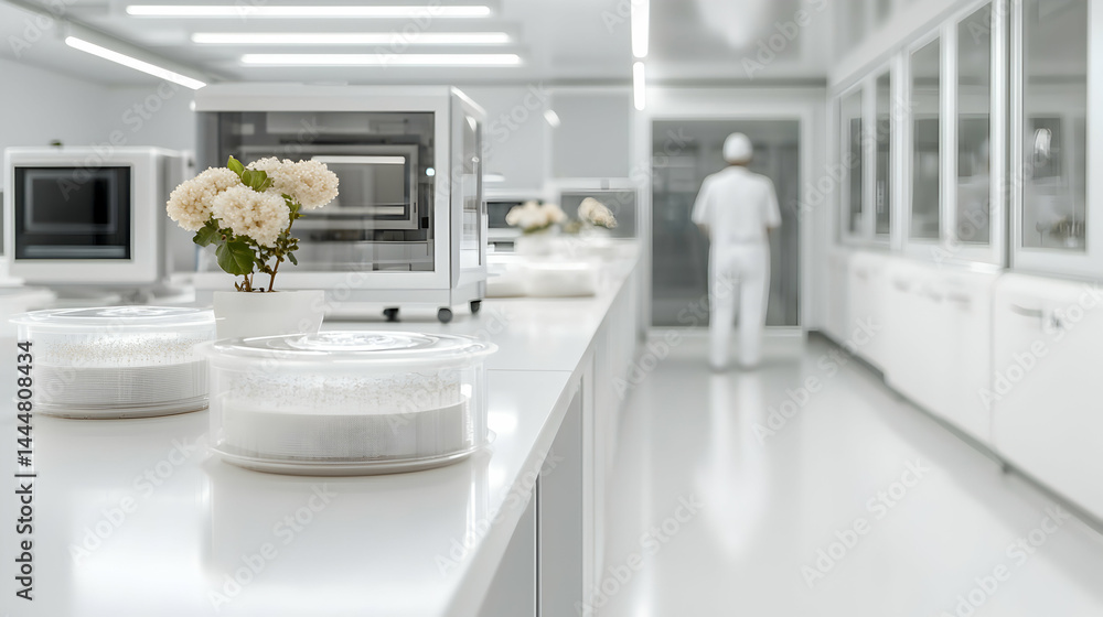 A sterile white laboratory setting featuring modern equipment and containers on a gleaming surface. Suggests cleanroom practices for scientific applications. A sterile white laboratory setting featuring modern equipment and containers on a gleaming surface. Suggests cleanroom practices for scientific applications.