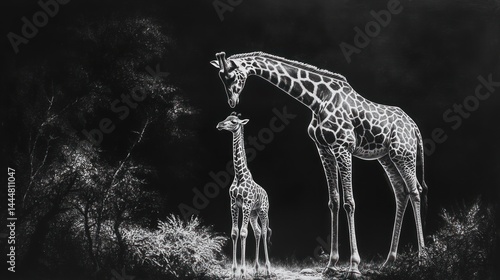 Contrasting grayscale portrayal of a mother giraffe with her calf in the wilderness