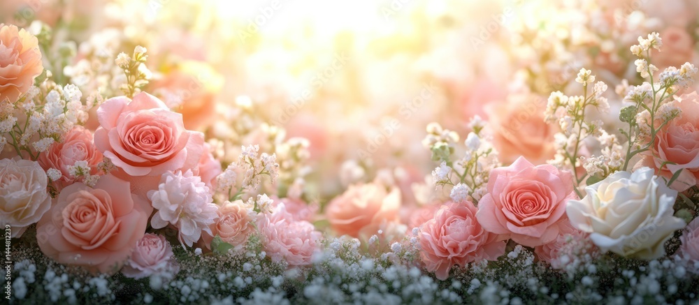 Soft Pink Roses Bouquet, Sunlight Background, Floral Arrangement