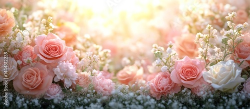 Obraz na płótnie Soft Pink Roses Bouquet, Sunlight Background, Floral Arrangement w salonie
