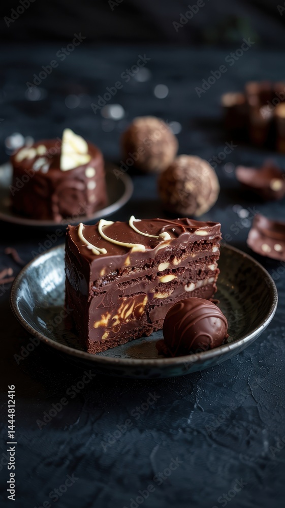 Slice of dark chocolate cake with nuts on rustic plate and moody backdrop