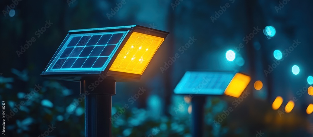 Solar-powered pathway lights at night