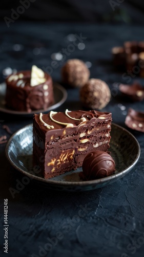 Slice of dark chocolate cake with nuts on rustic plate and moody backdrop