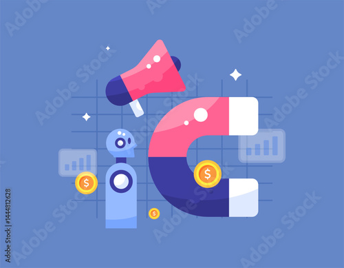 AI technology and marketing concept illustration. using artificial intelligence to attract customers and money. developing marketing strategies using robot assistance. flat style design. elements