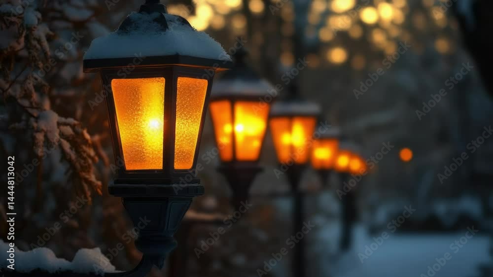 A row of streetlights covered in snow A row of streetlights covered in snow