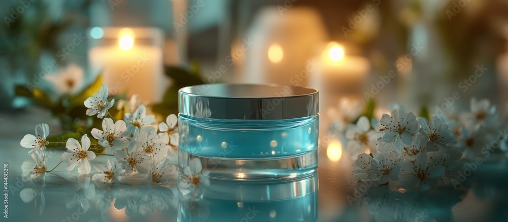 Spa cream jar with blossoms, candles, relaxation