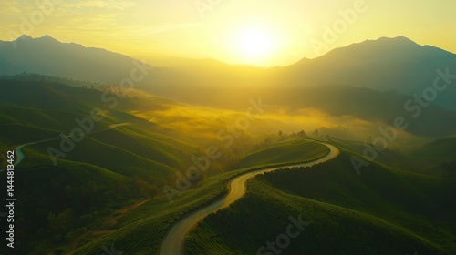 A beautiful drone picture shows Gap Road in Munnar. It twists through green tea fields as the sun rises. Golden light shines on the misty land with big mountains behind it.
