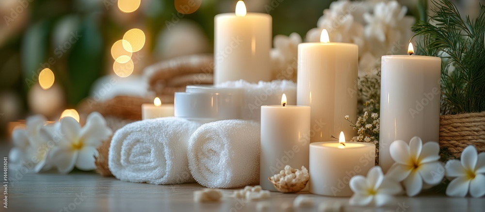Spa scene with candles and towels