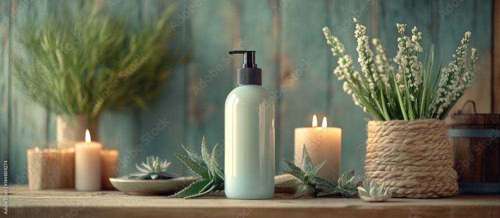 Spa setting with lotion, candles, and flowers