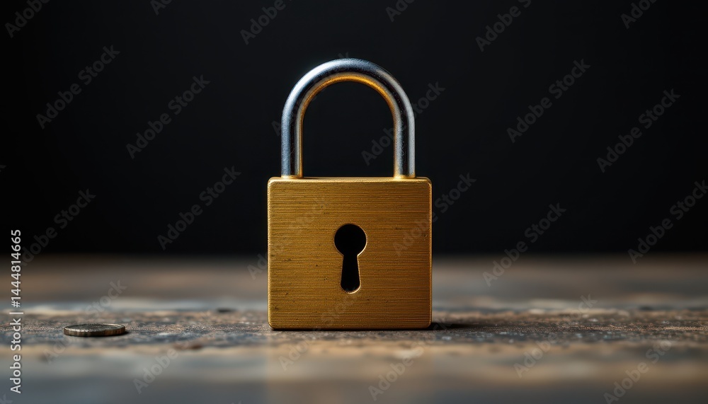 Fototapeta premium Secure Gold Padlock on Rustic Wooden Surface Safety and Security Concept