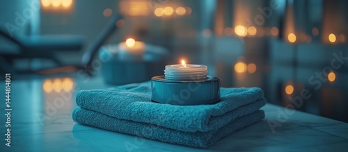 Obraz na płótnie Spa, Teal Towels, Candles, Relaxation, Peaceful, Wellness, Aromatic w salonie