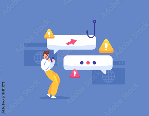 concept of fraudulent and phishing messages. notification and warning if receiving a malicious link message. prevention and protection system. a user with a message dialog. flat style design. elements