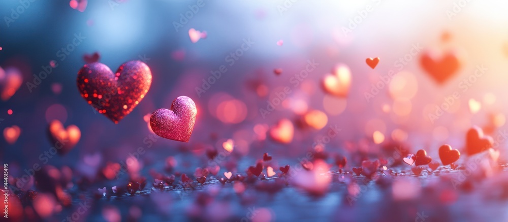 Sparkling hearts float, romantic sunset, love