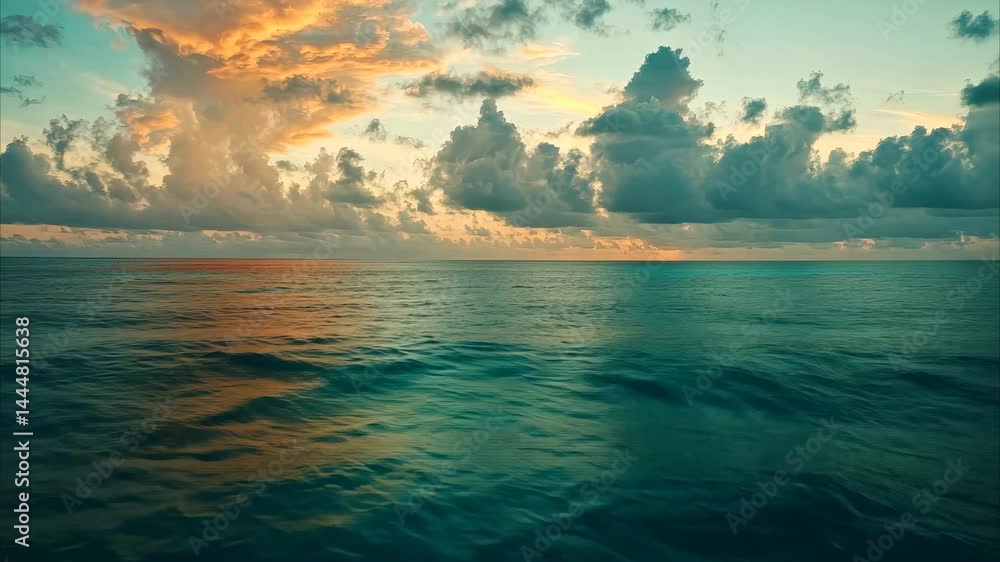 Sunset clouds reflect over the Indian Ocean as the camera moves closer to the horizon, Maldivian island in Indian ocean, camera moving over water towards sunset clouds and the sun Sunset clouds reflect over the Indian Ocean as the camera moves closer to the horizon, Maldivian island in Indian ocean, camera moving over water towards sunset clouds and the sun