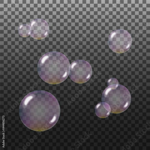 A set of colorful and colorful soap bubbles to create a design. Isolated, transparent, realistic soap bubbles on a transparent background.