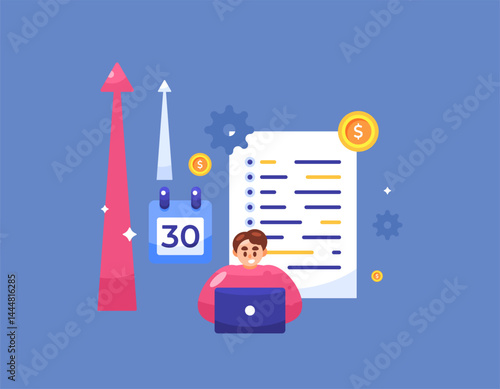 expense management concept. organize and manage money. financial admin staff, accountant, expense treasurer. illustration of a man working using a laptop with financial report. flat style design