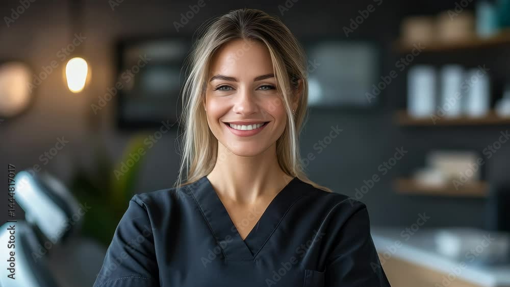Woman in a black uniform is smiling for the camera. She is wearing a black shirt and black pants Woman in a black uniform is smiling for the camera. She is wearing a black shirt and black pants