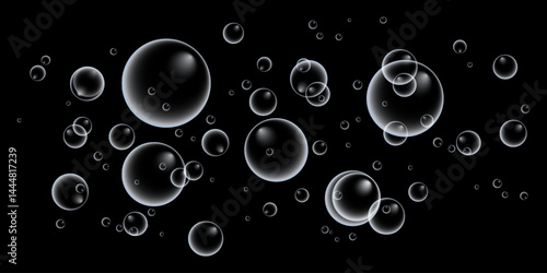 A set of colorful and colorful soap bubbles to create a design. Isolated, transparent, realistic soap bubbles on a transparent background.