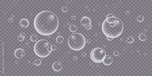 A set of colorful and colorful soap bubbles to create a design. Isolated, transparent, realistic soap bubbles on a transparent background.
