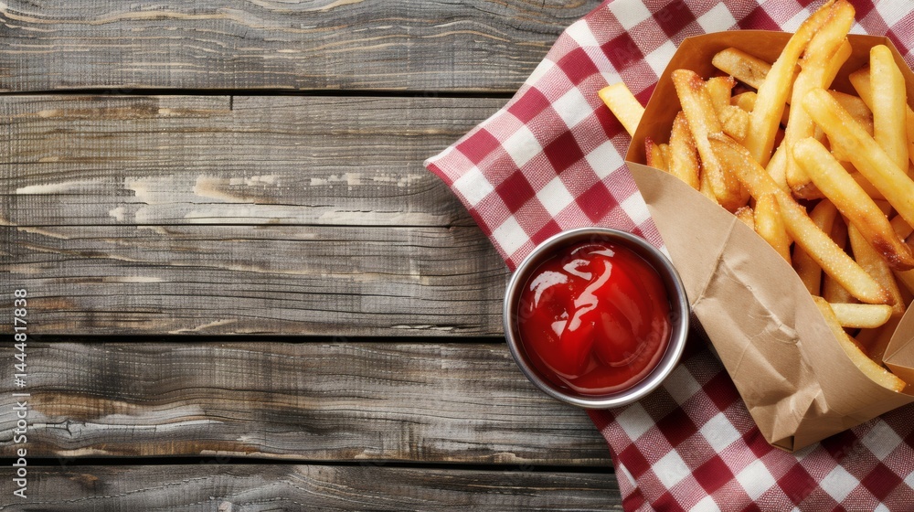Crispy french fries in a paper container with ketchup. Crispy french fries in a paper container with ketchup.