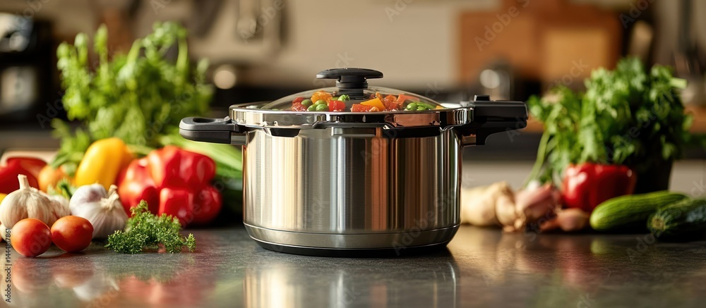 Stainless steel pressure cooker with vegetables